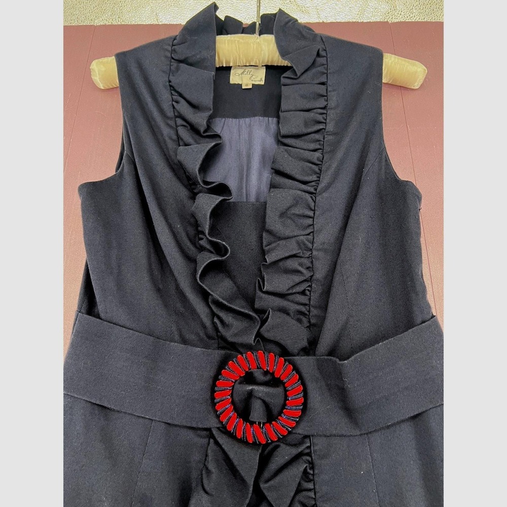 Vtg Navy Ruffle Sheath Dress Milly of New York Minimalist Belted Sleeveless Sz 8 - Picture 2 of 12